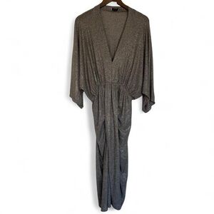 Dress Forum Silver Grey Metallic Ruched Shimmer Drape Midi Dress Medium Glam